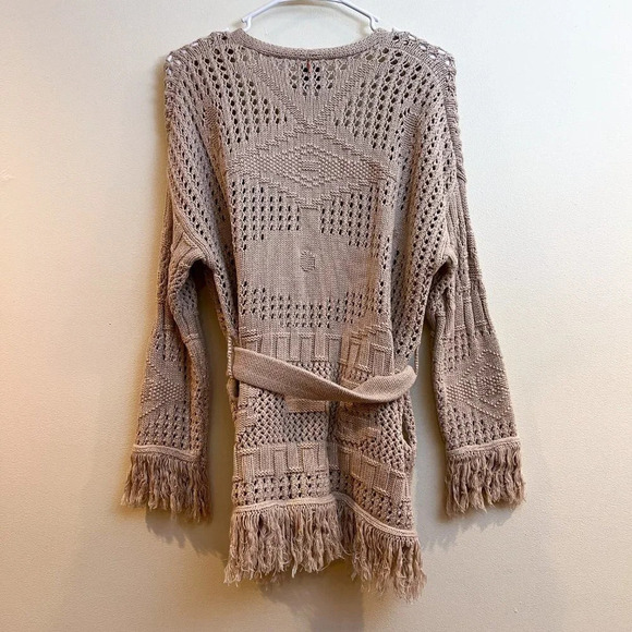 MISA Los Angeles Aztec Fringe Bohemian Tan Tie Waist Knit Cardigan Sweater Small - Picture 9 of 9